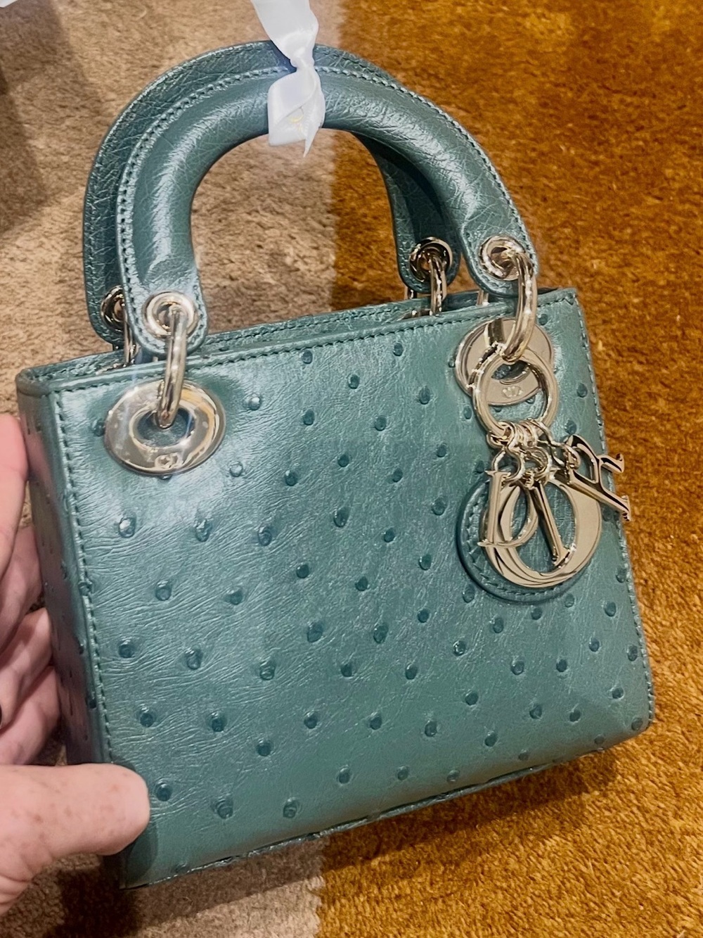 Dior Teal/Green Ostrich-Textured Mini Lady Dior Silver Hardware
